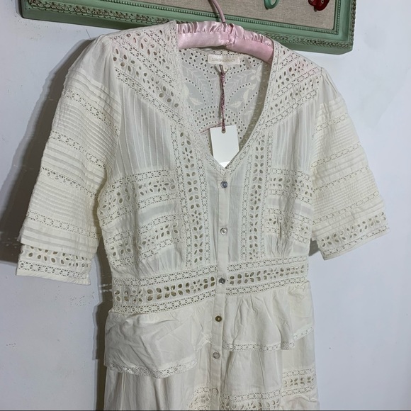 LoveShackFancy Rebecca Embroidered Lace Eyelet Tiered Ruffle Midi Short medium - Picture 4 of 9